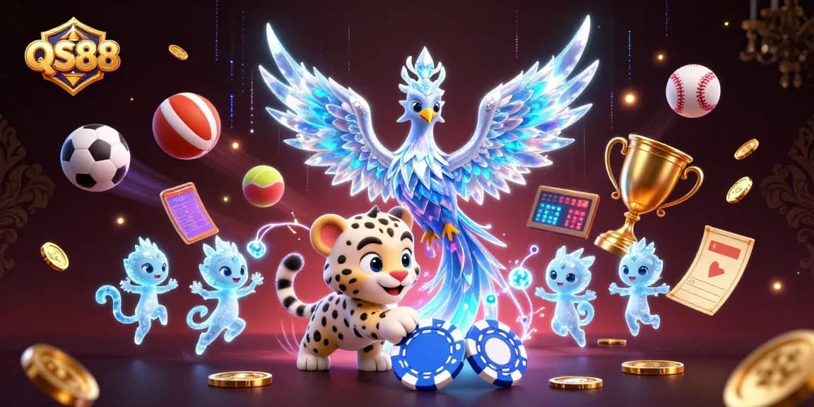 Engage in thrilling gaming adventures with QS88, featuring an ice phoenix, poker chip, and vibrant casino elements.