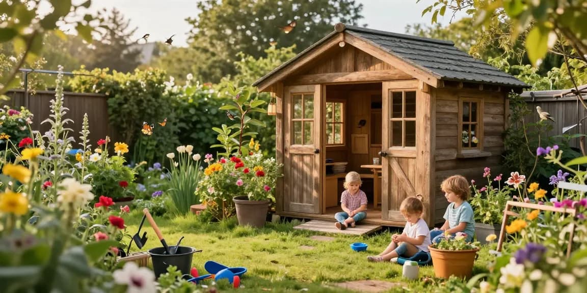 Gartenhaus Holz im Freien, umgeben von Blumen und spielenden Kindern.