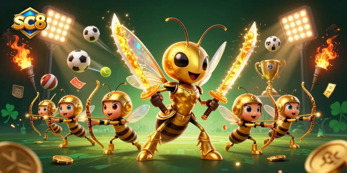 Bet on sc88 with a vibrant 3D illustration of an epic casino-themed battle featuring golden hornets.