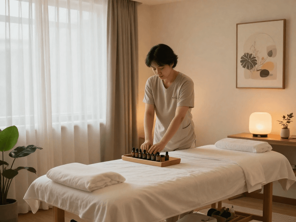 Relaxing 의정부출장안마 therapy room with calming atmosphere and essential oils.