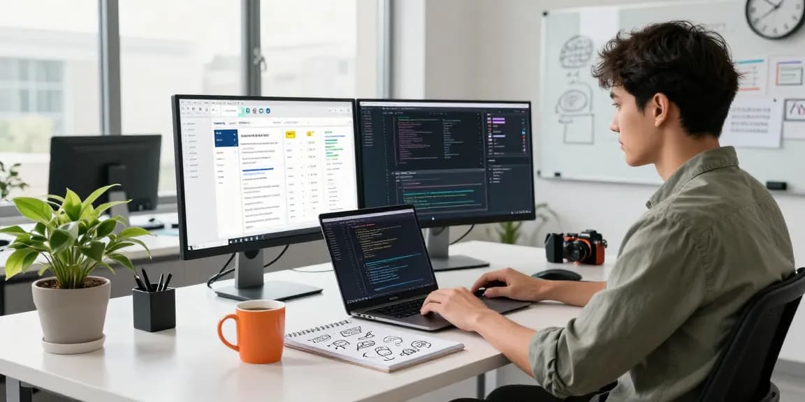 Build internal tools with AI in a modern workspace, showing a developer coding with dual monitors and creative setup.