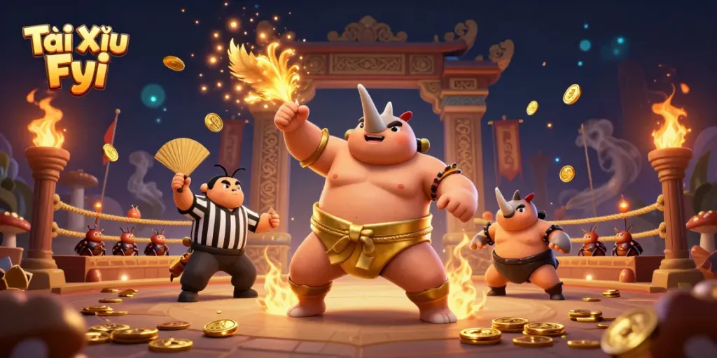 Tài Xỉu Fyi showcases a sumo beetle champion amidst an exciting betting arena scenario.