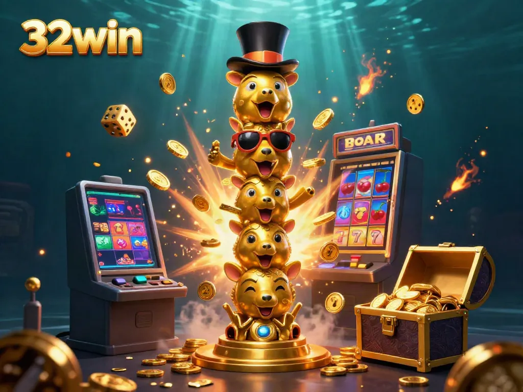 Experience thrilling wins at 32win with this vibrant 3D casino illustration showcasing a dynamic jackpot scene.