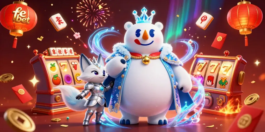 Experience high-stakes gaming with fe bet, featuring slot machines and festive elements.