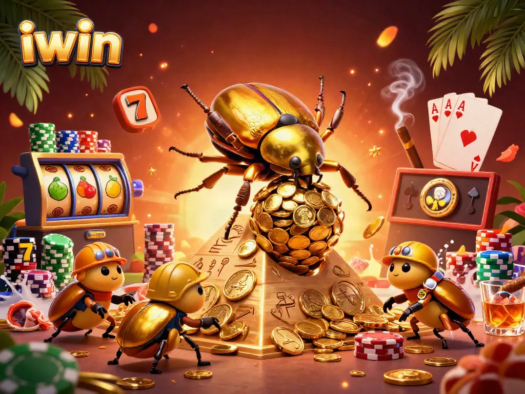 Engage with iwin's vibrant casino-themed illustration featuring a golden beetle rolling coin-rich treasures.