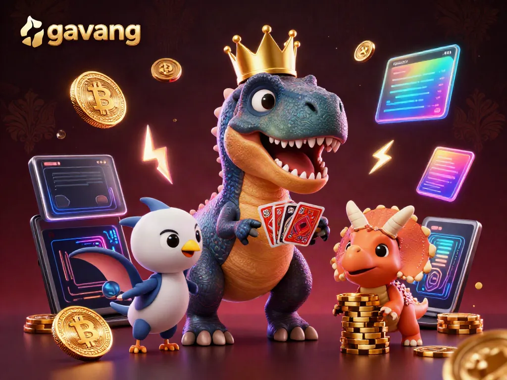 Engage in thrilling gambling action with Gavang's vibrant T-Rex showcasing card skills amidst neon crypto elements.