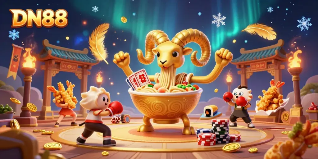 Experience thrilling card deals and chip stacking with DN88 at an energetic fighting arena scene.
