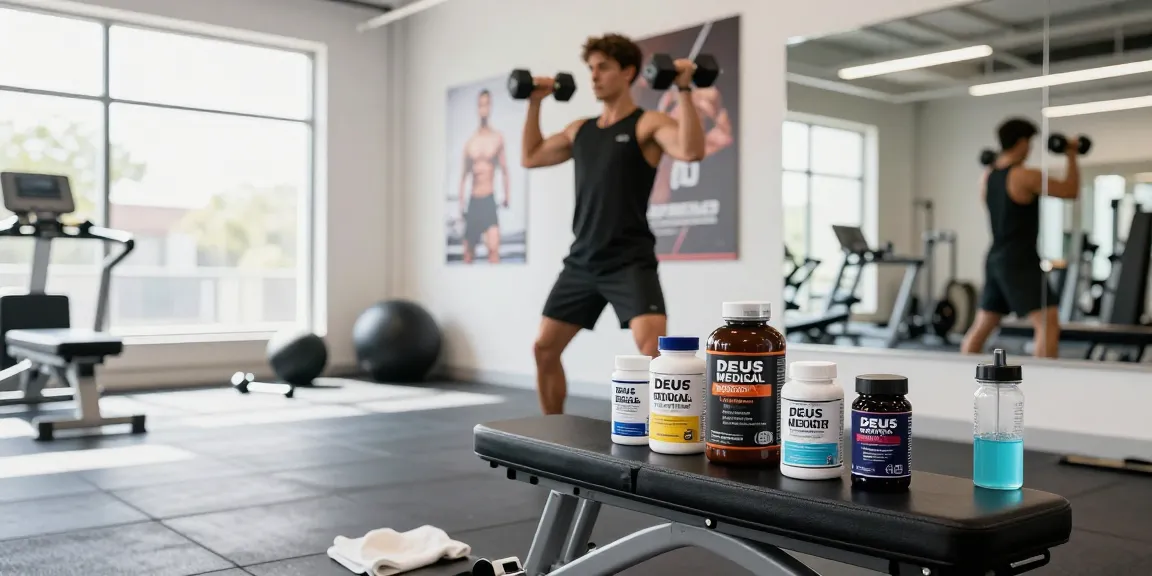 Sportler mit Deus Medical Produkten im Fitnessstudio bei Krafttraining.