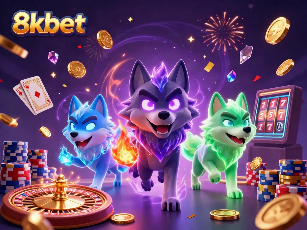 Experience the excitement of 8xbet with a vivid 3D casino scene featuring glowing characters, coins, and games.