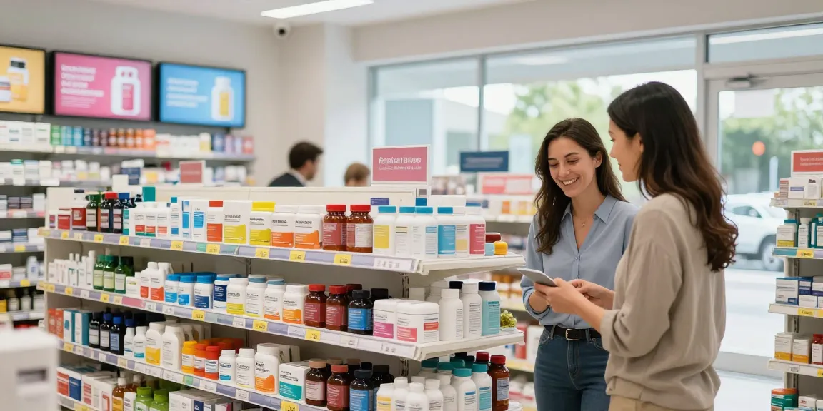 Kunde, der im Medi Pharma Shop einkauft und Gesundheitsprodukte in einer modernen Apotheke erkundet