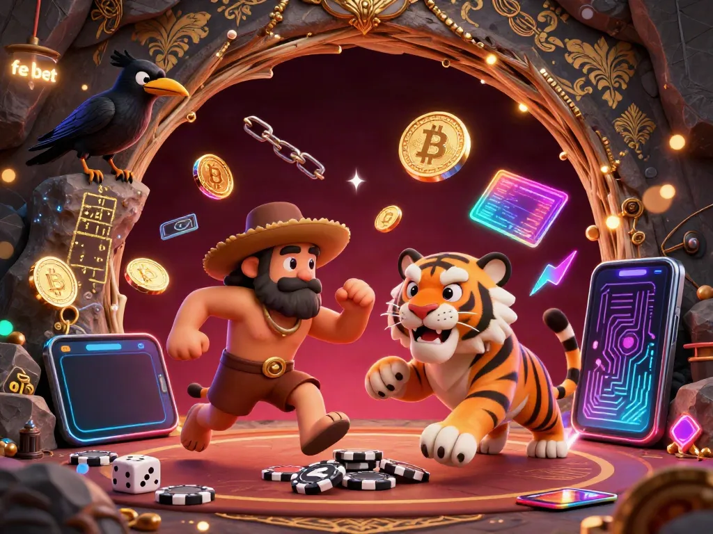 Experience the exhilarating world of fe bet with a vivid 3D casino scene featuring a caveman, sabertooth tiger, and clever crow amidst crypto elements.
