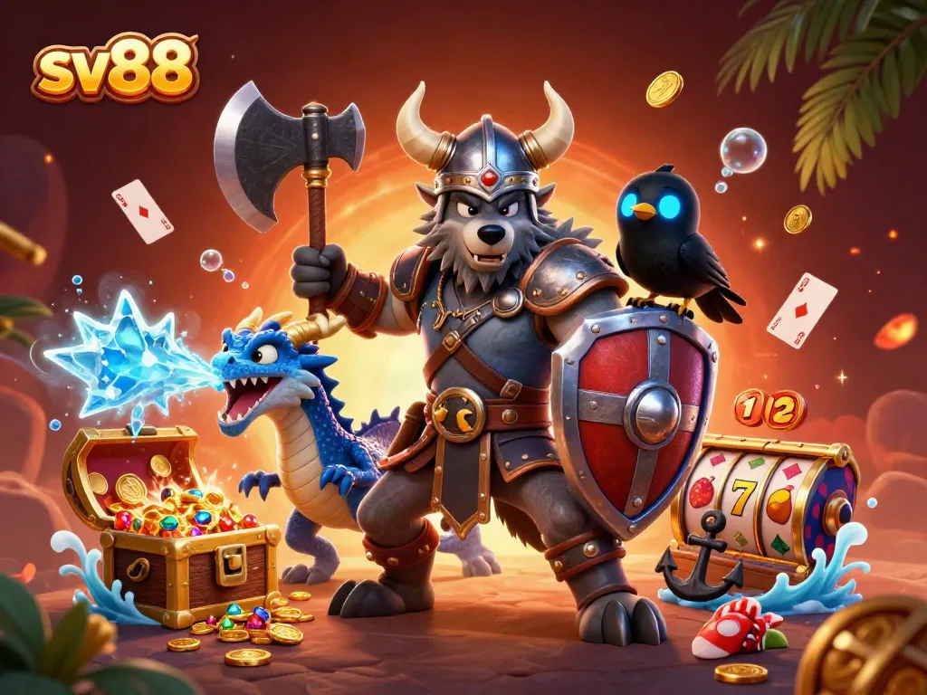 Experience sv88's thrilling online gaming with a vibrant casino scene of a Viking warrior, dragon, and treasure.
