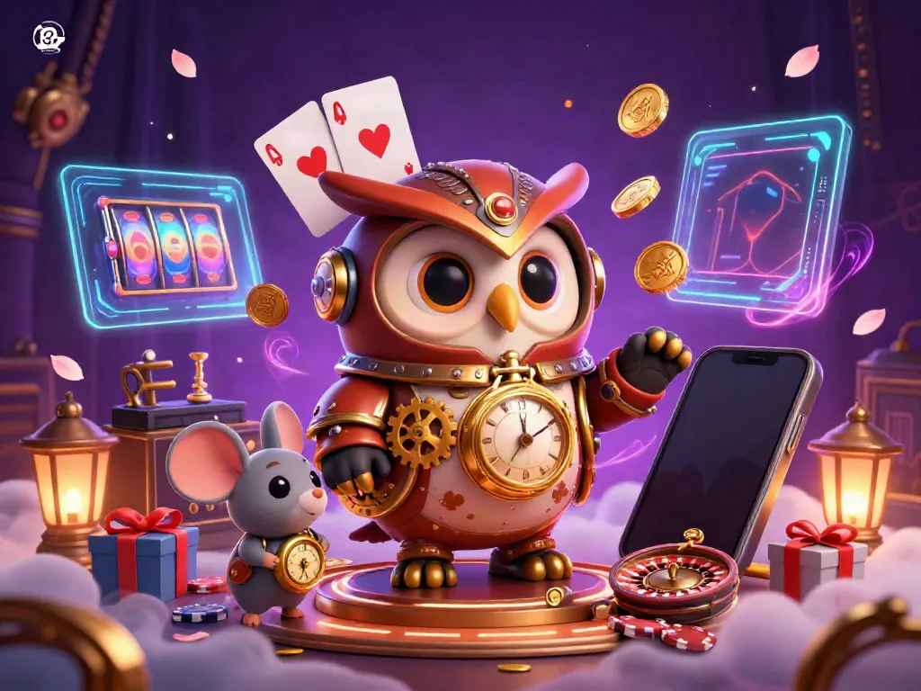 Engage with the exciting world of 78wingenz where steampunk owls and slot games meet in a vibrant casino.