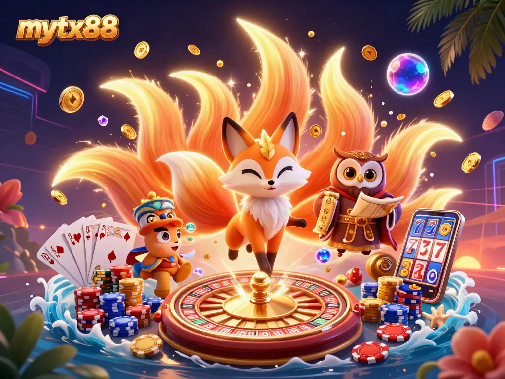 Mytx88 casino illustration showcasing a vibrant nine-tailed fox and owl with dazzling game elements