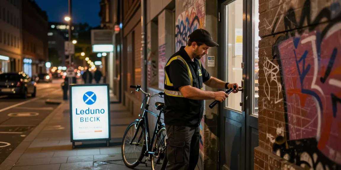 Schlüsseldienst Hamburg: Professioneller Schlüsseldienst öffnet Wohnungstür in Hamburg bei Nacht.