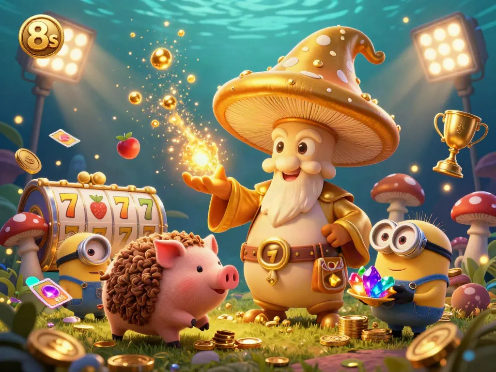 Experience thrilling slots with 8s in a vibrant, detailed magical casino adventure featuring gold coins and treasures.