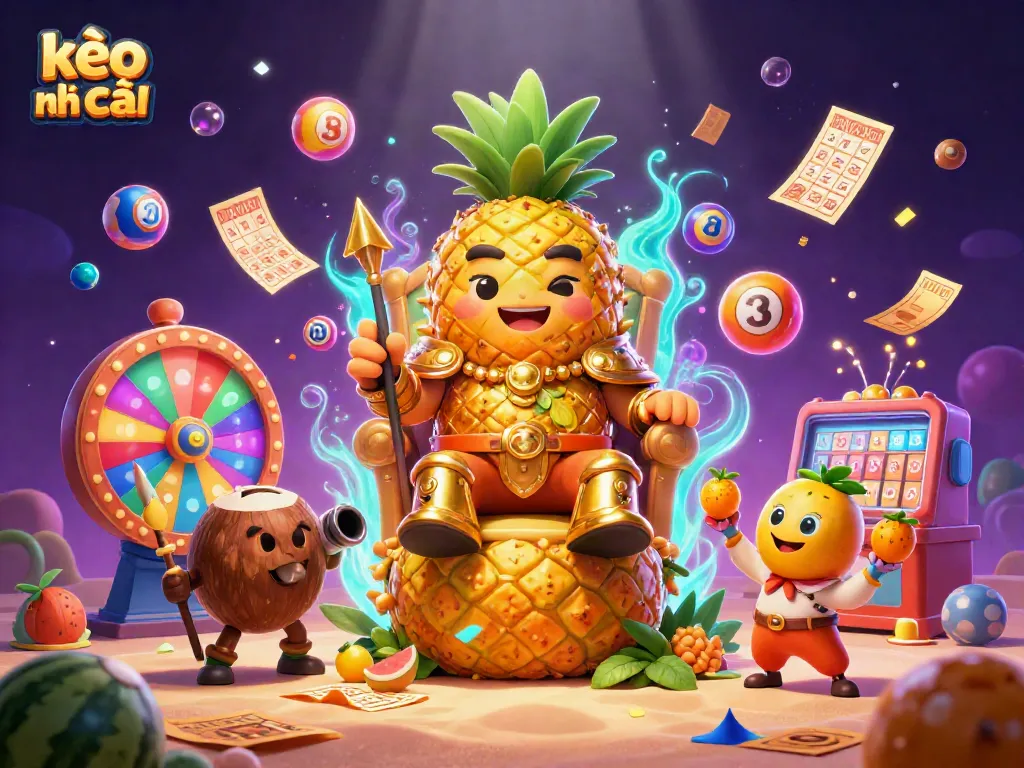 Engage in kèo nhà cái excitement with a 3D cartoon golden pineapple king surrounded by fun gambling elements.