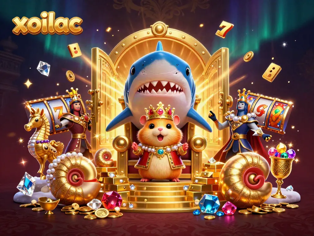 Xoilac showcases an ultra-detailed 3D scene featuring a golden hamster king in a lavish casino setting.