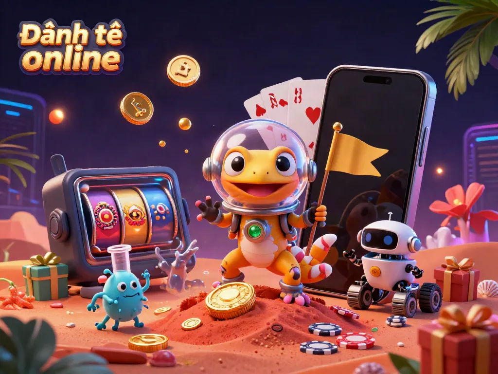 Experience thrilling Đánh đề online action with a Martian gecko discovering a hidden golden casino, accompanied by lively elements.