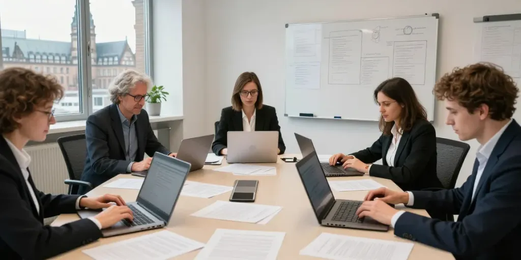 Team working at a Hamburg Inkassobüro with laptops and legal documents in a professional setting.