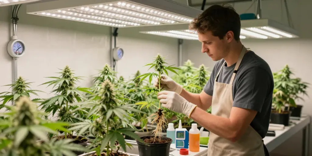 Vibrant indoor scene of a grower tending to healthy stecklinge kaufen in a well-lit cultivation tent.