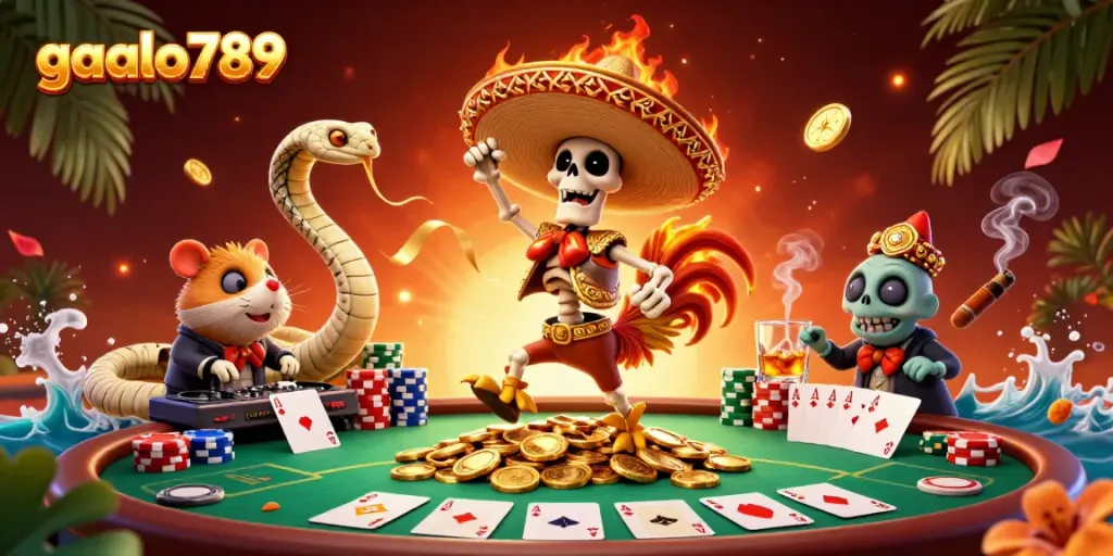 Experience the excitement of gaalo789 with a dynamic casino scene featuring a dancing mariachi rooster and vibrant poker elements.