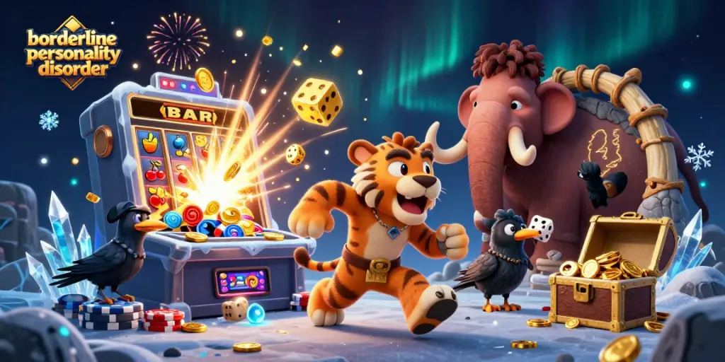 Spin the reels with our cartoon characters featuring borderline personality disorder in a vibrant casino scene.