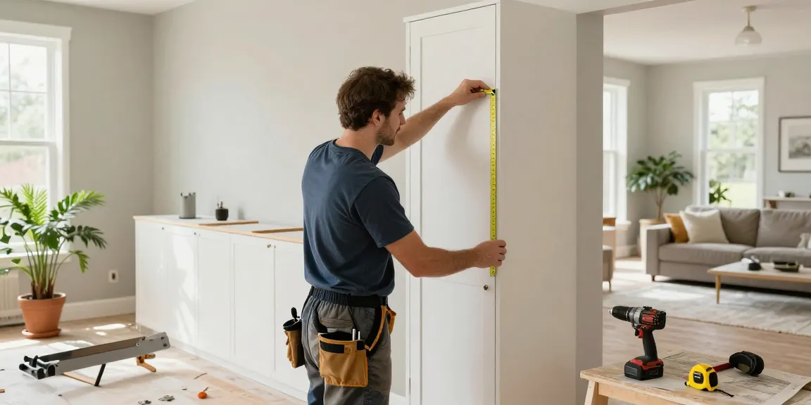 Innenausbau Augsburg: Handwerker beim Maßnehmen für individuelle Möbelstücke in modernem Wohnzimmer.