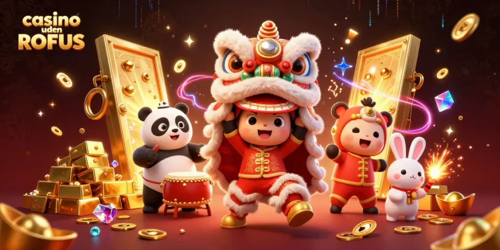 Experience the thrill of casino uden ROFUS with lively characters amid a treasure-filled scene.