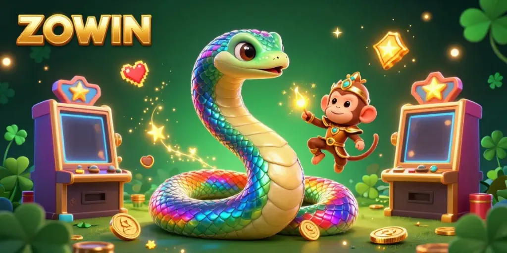 ZOWIN captivates with a vibrant 3D illustration of a rainbow serpent and monkey king in a fantasy casino setting.