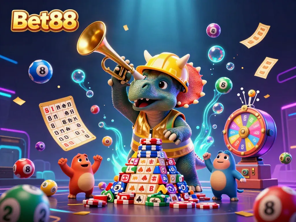 Experience excitement at Bet88 with a vibrant scene filled with games, lottery balls, and celebration.