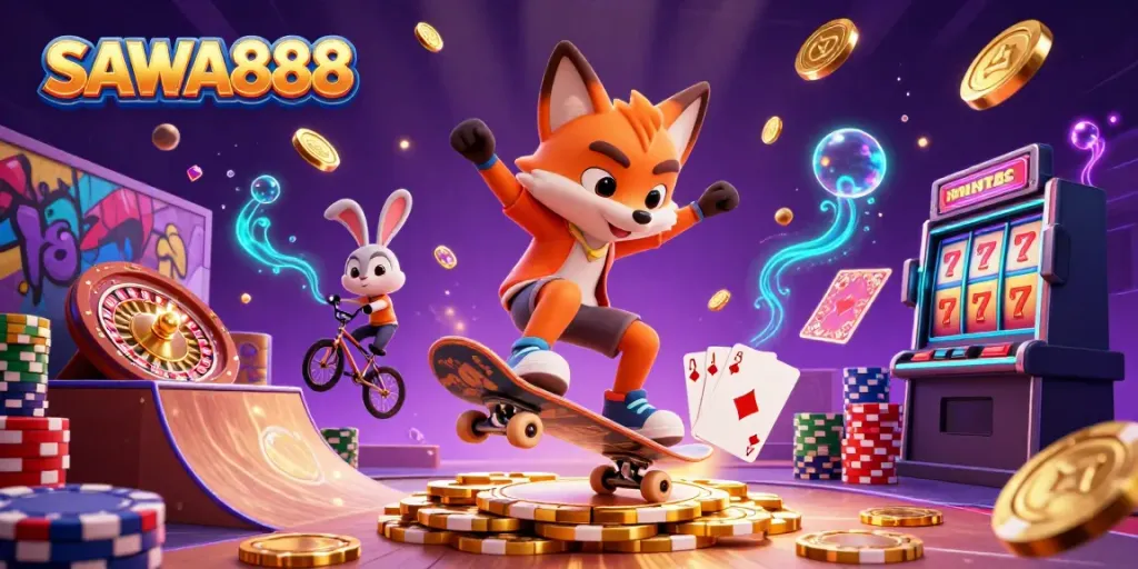 Experience thrilling gameplay with SAWA888, featuring a skateboarder fox and BMX rabbit in a vibrant casino scene.