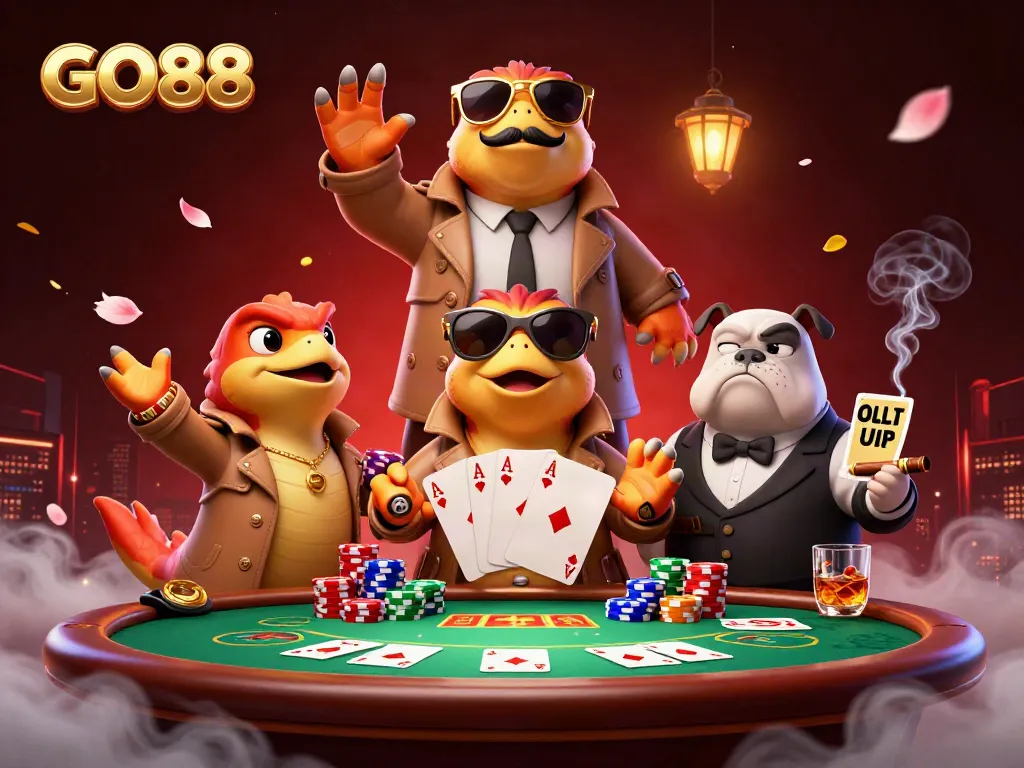 GO88 raptors amusingly attempt to enter a VIP casino while a bulldog bouncer scrutinizes them.