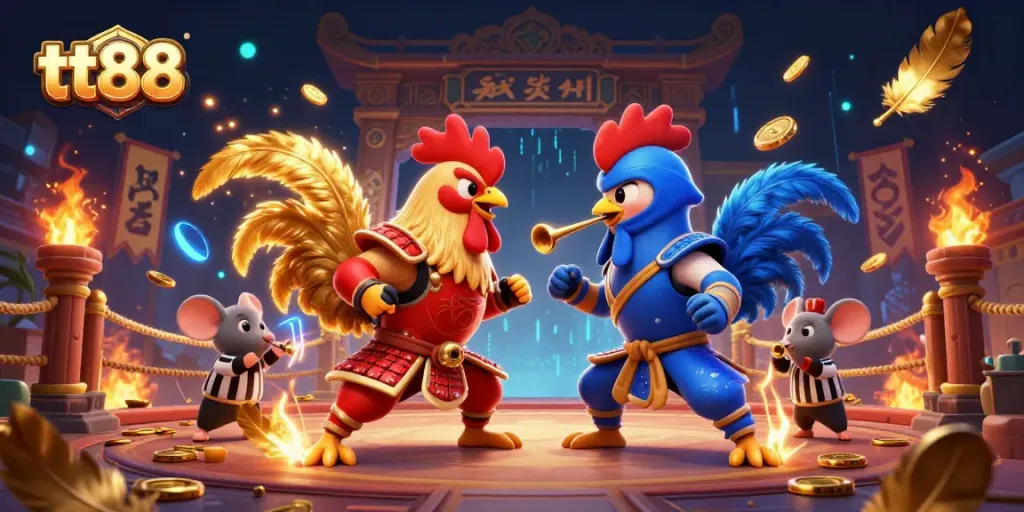 Experience thrilling matchups at tt88 with dynamic cartoon roosters in a vibrant casino arena.