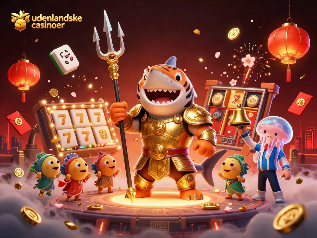 Experience the thrill of udenlandske casinoer alongside a powerful shark gladiator and festive underwater elements.