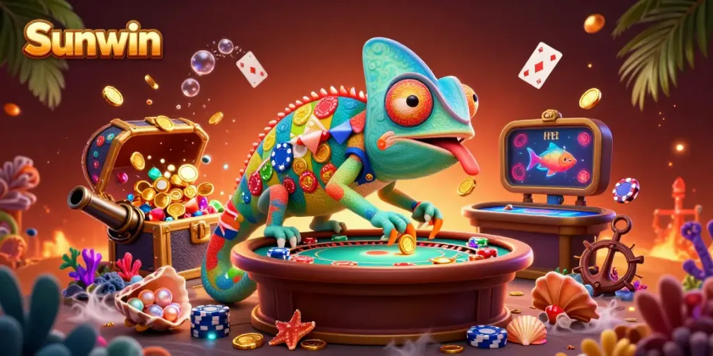 Catch thrilling gameplay at Sunwin with an illustrated casino scene featuring a colorful chameleon owner.