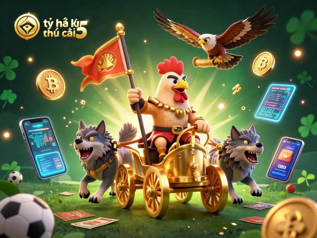 Bet on tỷ lệ kèo nhà cái 5 with a dynamic illustration featuring sports elements and crypto coins.