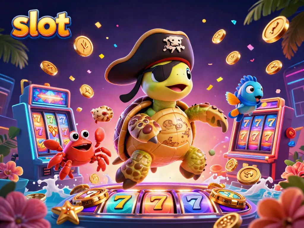 Engage in exciting slot adventures with a colorful 3D pirate turtle amidst slot machines and jackpot thrills.