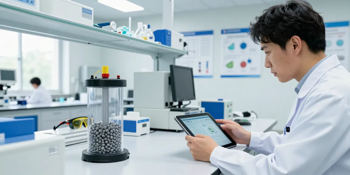 CO Gasfilter und Hopcalite-Pellets in Laborumgebung, Wissenschaftler analysiert Daten.