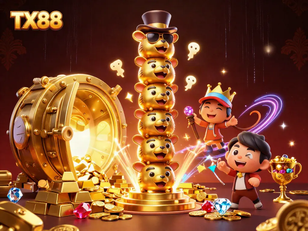 Experience the excitement at TX88 casino with vibrant treasures and a lively totem in a dynamic scene.