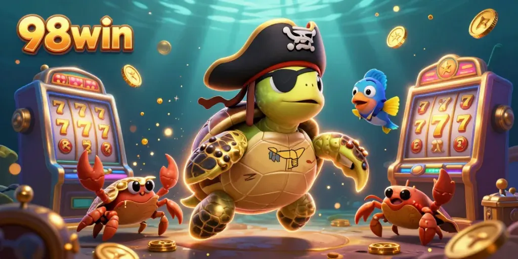 Experience thrilling 98win slots with pirate characters amid glittering treasures and joyful gaming elements.