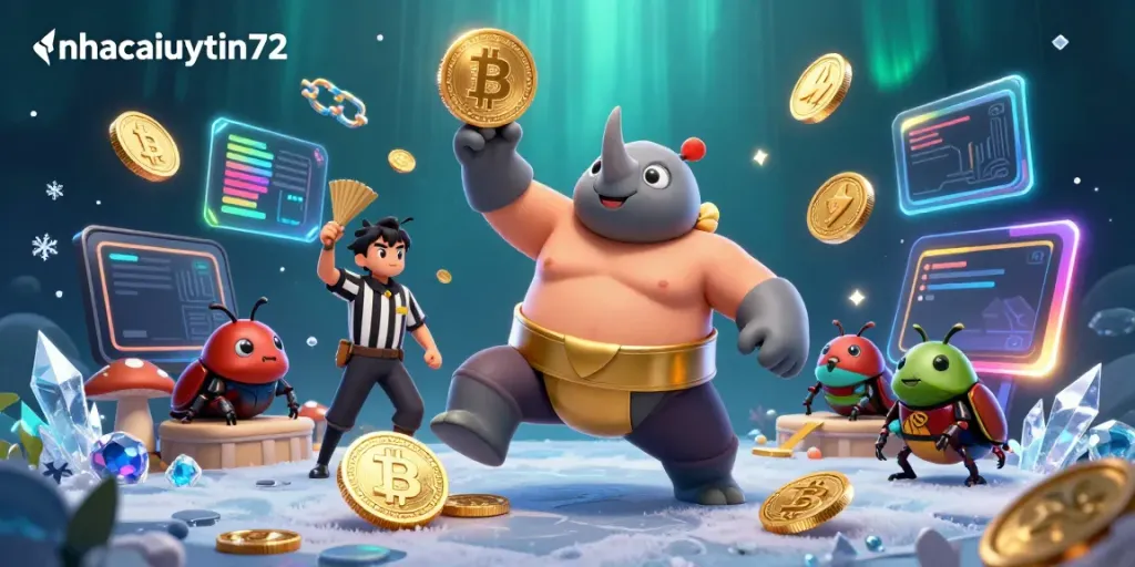 nhacaiuytin72 showcases a thrilling 3D illustration featuring a sumo beetle champion sending gold coins flying in a dynamic casino setting.