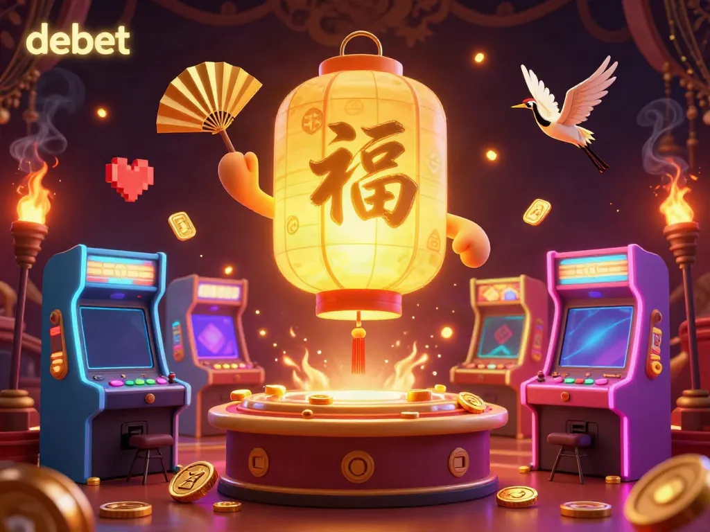 Experience the excitement of debet with vibrant casino elements, a glowing spirit, and game machines.