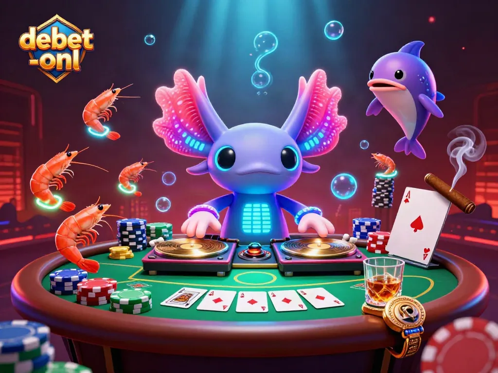 Experience vibrant gameplay at debet-onl, where a neon axolotl DJ energizes the casino scene.