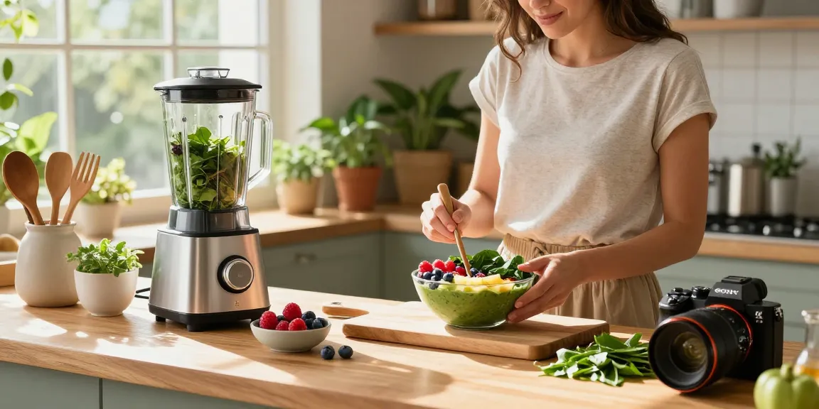 Woman preparing a nutritious smoothie bowl, see details of healthy ingredients in a modern kitchen.