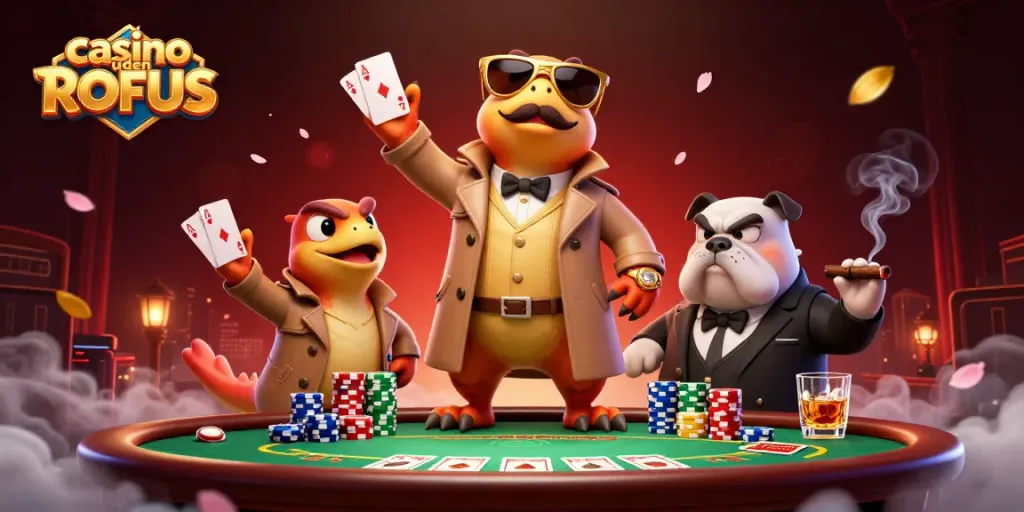 Playing poker and entering a VIP area at a casino uden ROFUS illustrated with cartoon raptors.