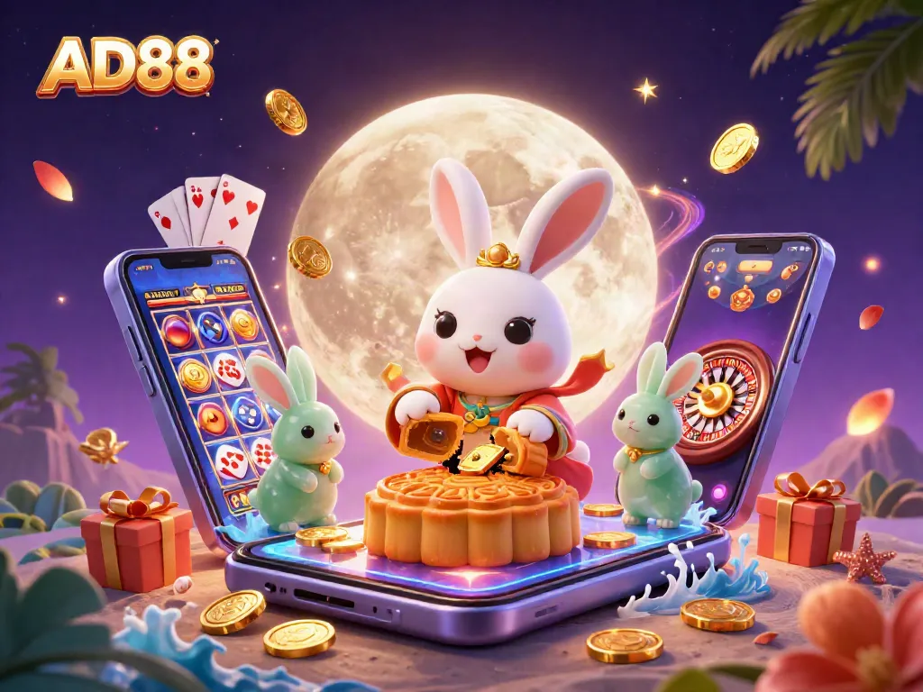 AD88 captures players' excitement with a vibrant depiction of a moon rabbit revealing poker chips and casino fun.