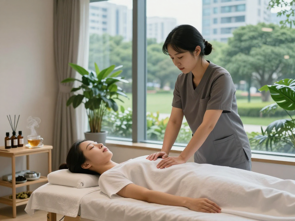 Relaxing 서울출장마사지 in a serene wellness center with professional therapist and calming atmosphere.