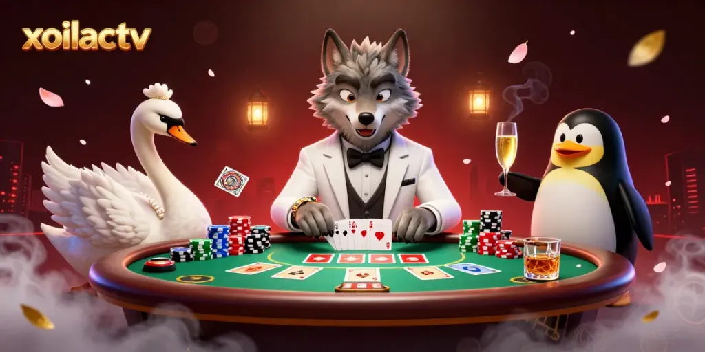 Xoilactv showcases a vibrant casino scene with a wolf, swan, and penguin playing cards.