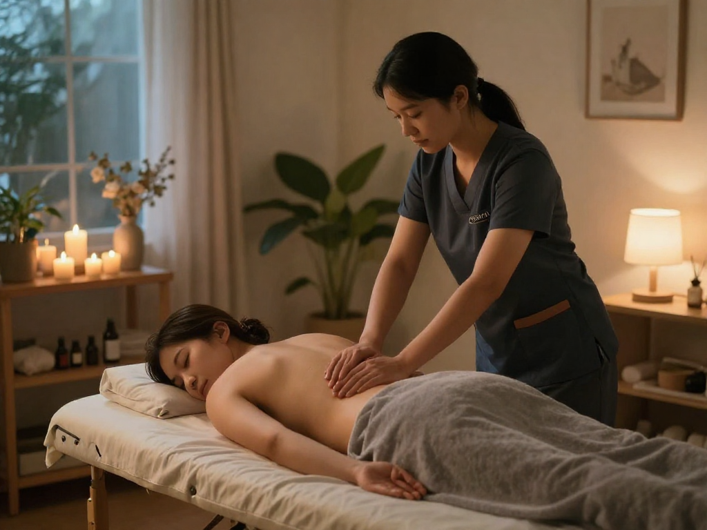 Relaxing 출장마사지 session in a serene home environment.
